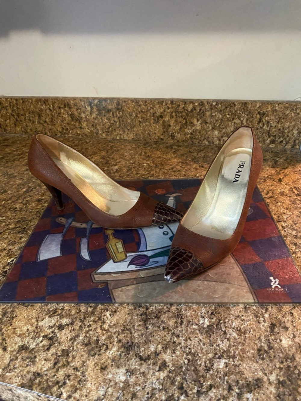 Prada Brown Leather Croc Toe Heels
